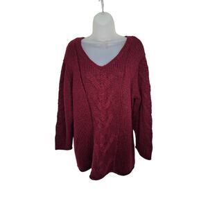 J. Jill Burgundy Cable Knit Sweater Wool Alpaca V-Neck Cozy Boho Chic M